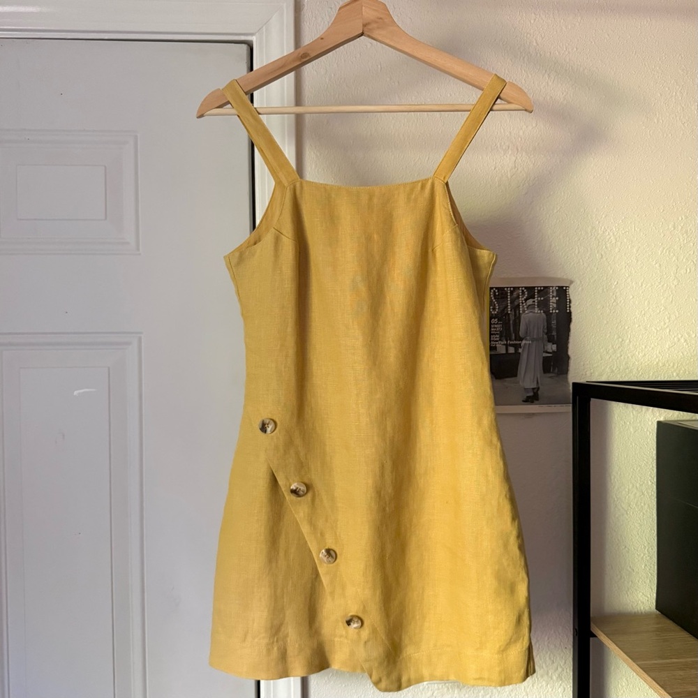 ZULU & ZEPHYR yellow mustard pale‎ butter linen shell button sleeveless mini